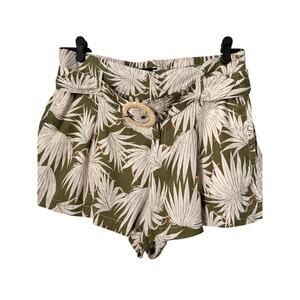 Tahari Shorts Womens Size L Tropical Palm Trees 100% Linen Belted‎ Green Cream